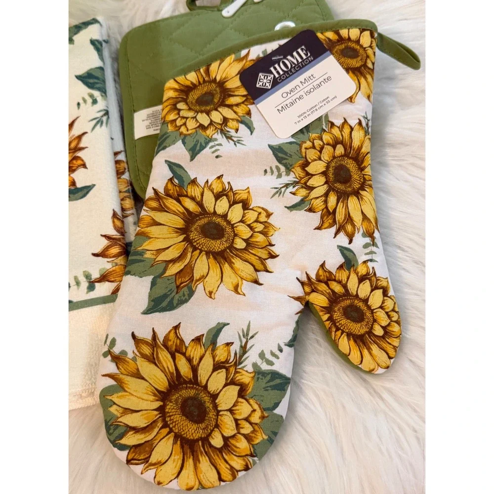 Home Collection Sunflower Kitchen Set 4pc Towel Pot Holders Oven Mitt NWT